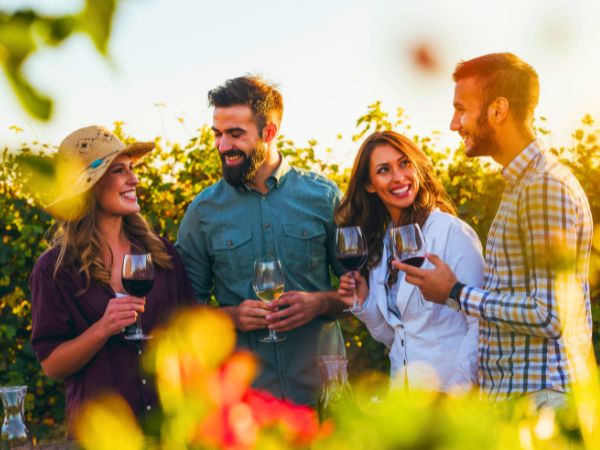Friends drinking wine in a vineyard
